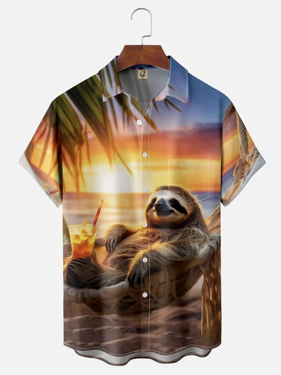 Moisture-wicking Sloth's Summer Beach Chest Pocket Hawaiian Shirt