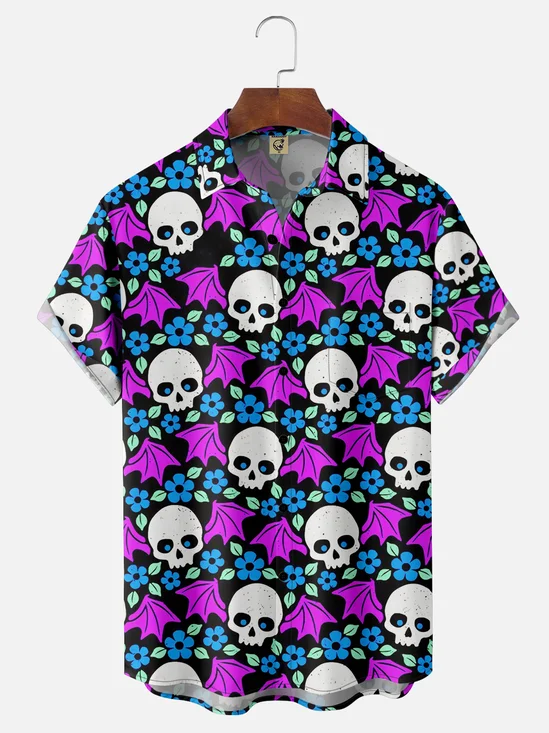 Moisture-wicking Flying Skeleton Funny Chest Pocket Hawaiian Shirt