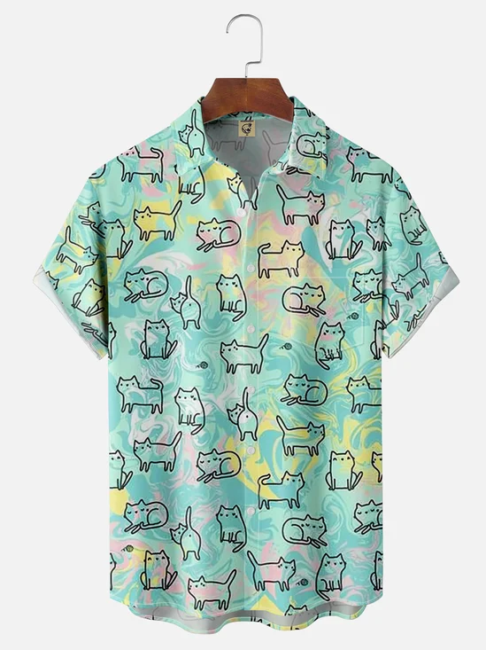 Moisture-wicking Abstract Texture and Cat Chest Pocket Hawaiian Shirt