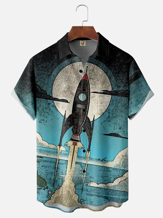 Moisture-wicking Spaceship Art Painting Chest Pocket Hawaiian Shirt