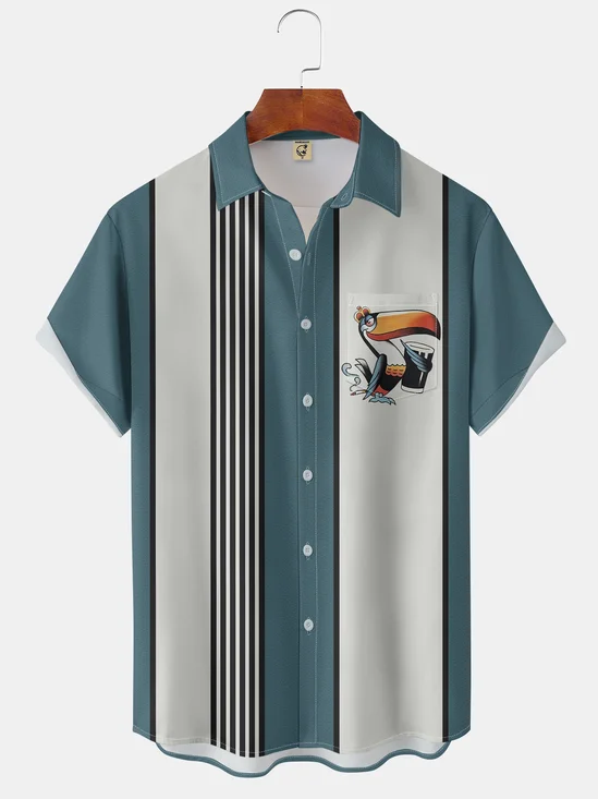 Moisture-wicking Art Painting Toucan Chest Pocket Bowling Shirt