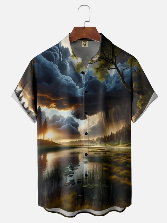 Moisture-wicking Sunset Rainstorm Scenery Chest Pocket Hawaiian Shirt