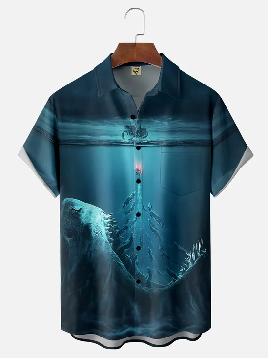 Moisture-wicking Giant Shark Chest Pocket Hawaiian Shirt