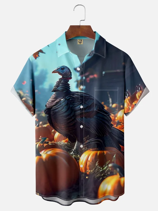 Moisture-wicking Thanksgiving Turkey In A Pumpkin Pile Chest Pocket Hawaiian Shirt