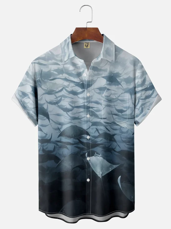 Moisture-wicking Ocean Ray Art Chest Pocket Hawaiian Shirt