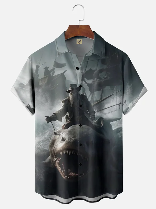 Moisture-wicking Shark Pirate Chest Pocket Hawaiian Shirt