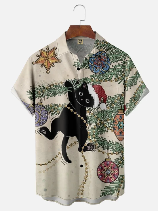 Moisture-wicking Christmas Funny Black Cat Chest Pocket Hawaiian Shirt