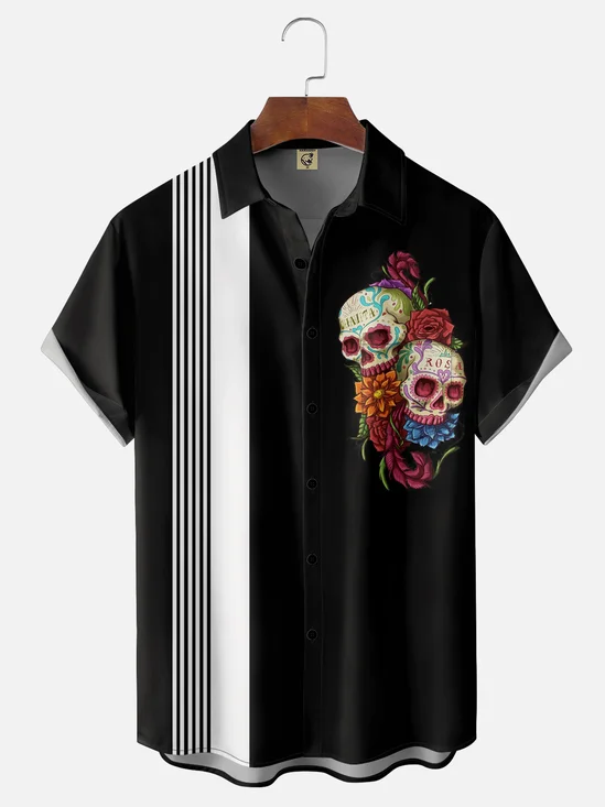 Moisture-wicking Day of the Dead Skeleton Chest Pocket Bowling Shirt