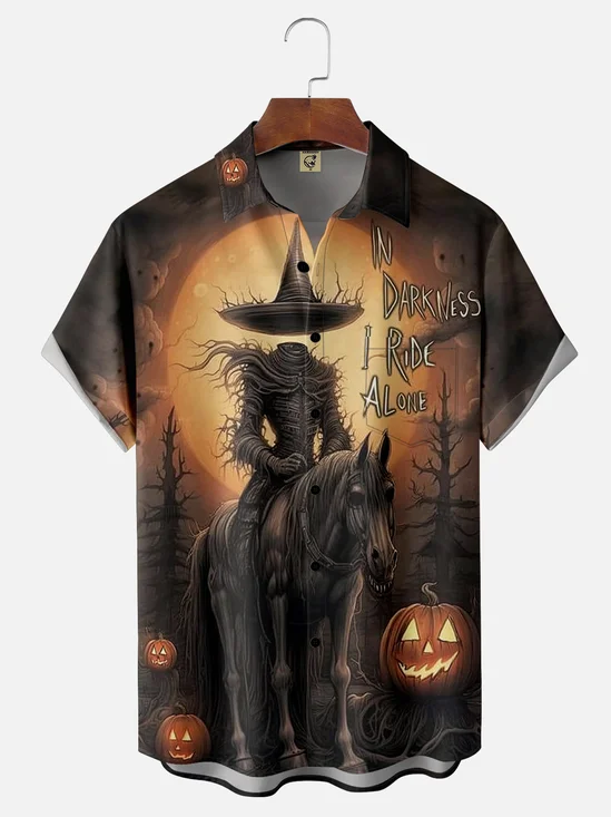 Moisture-wicking Halloween Headless Horseman Illustration Chest Pocket Hawaiian Shirt