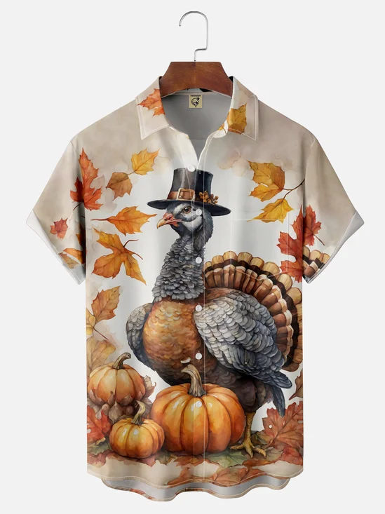 Moisture-wicking Thanksgiving Turkey Chest Pocket Hawaiian Shirt