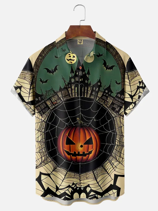 Moisture-wicking Halloween Pumpkin Spider Vintage Art Chest Pocket Hawaiian Shirt