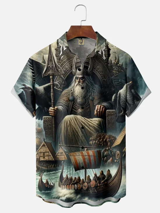 Moisture-wicking Poseidon Painting Chest Pocket Hawaiian Shirt