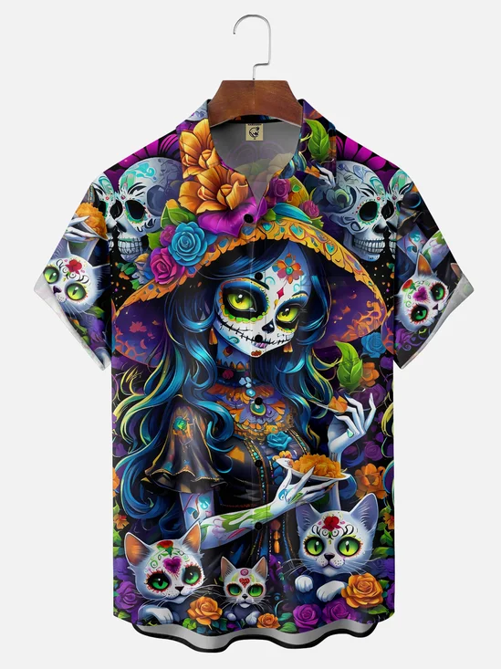 Moisture-wicking Day of the Dead Chest Pocket Casual Shirt