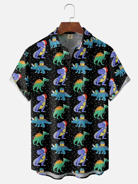 Moisture-wicking Christmas Dinosaur Chest Pocket Hawaiian Shirt