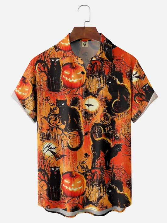 Moisture-wicking Halloween Black Cats Chest Pocket Casual Shirt