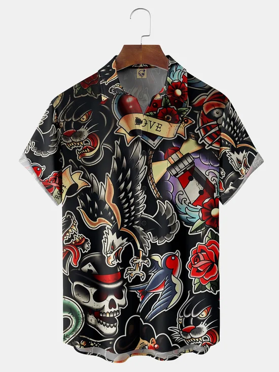 Tattoo Art Chest Pocket Short Sleeve Casual Shirt