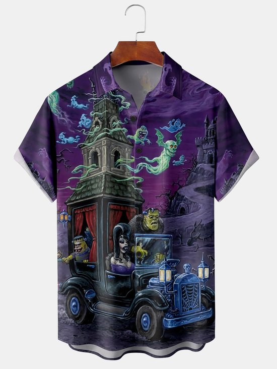 Men's Halloween Print Casual Short Sleeve Shirt with Chest Pocket