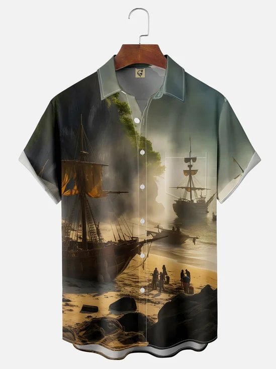 Moisture-wicking Sailing Boat Chest Pocket Hawaiian Shirt