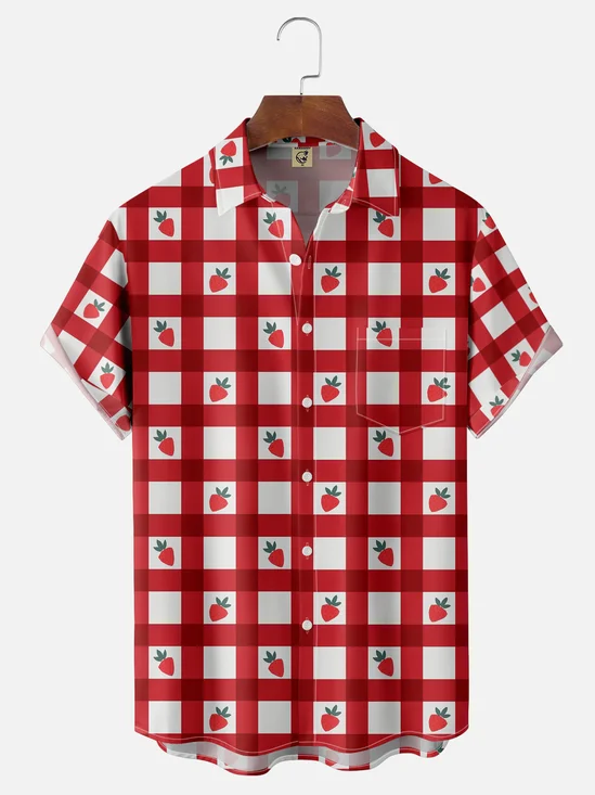 Moisture-wicking Plaid Strawberry Beer Festival Chest Pocket Hawaiian Shirt