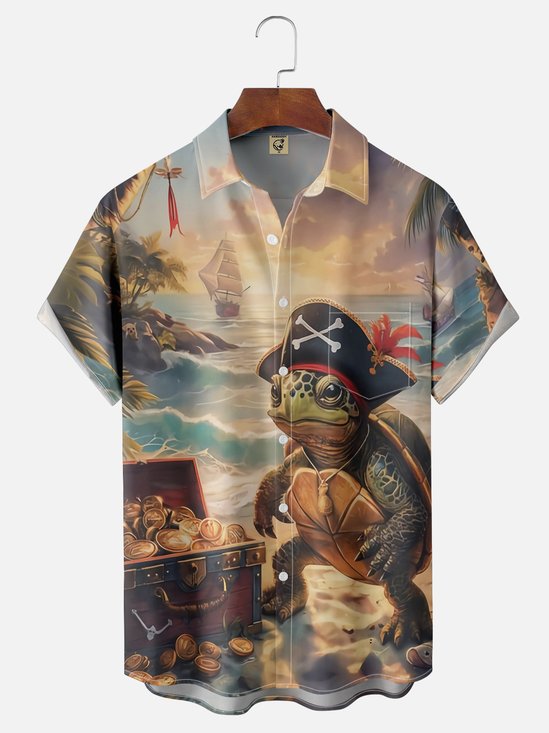 Moisture Wicking Pirate Turtle Chest Pocket Hawaiian Shirt