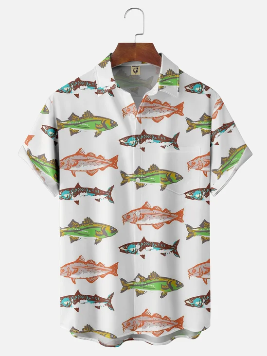Moisture-wicking Marine Fish Chest Pocket Hawaiian Shirt