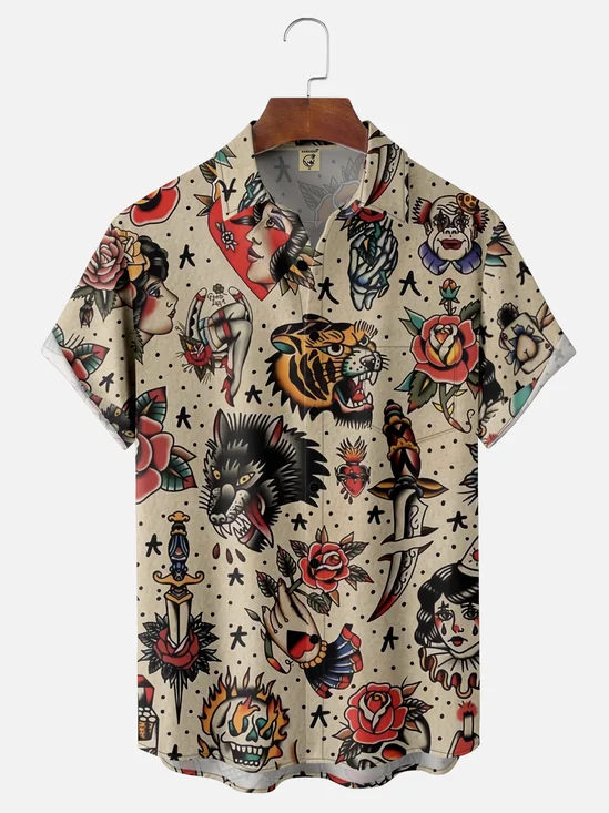 Moisture-wicking Tattoo Chest Pocket Hawaiian Shirt