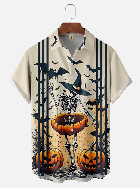 Moisture-wicking Halloween Skull Pumpkin Chest Pocket Bowling Shirt