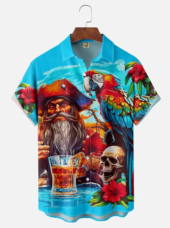 Moisture-wicking Pirate Parrots Floral Chest Pocket Hawaiian Shirt