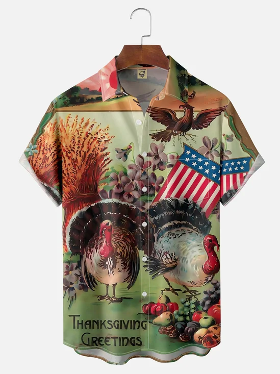 Moisture-wicking Thanksgiving Turkey and American Flag Chest Pocket Hawaiian Shirt