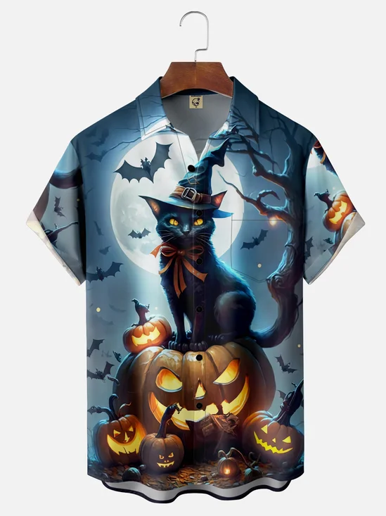 Moisture Wicking Halloween Pumpkin Cat Hawaiian Shirt