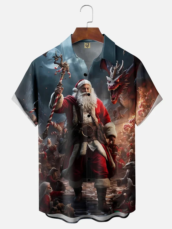Moisture-wicking Santa and Dragon Chest Pocket Hawaiian Shirt