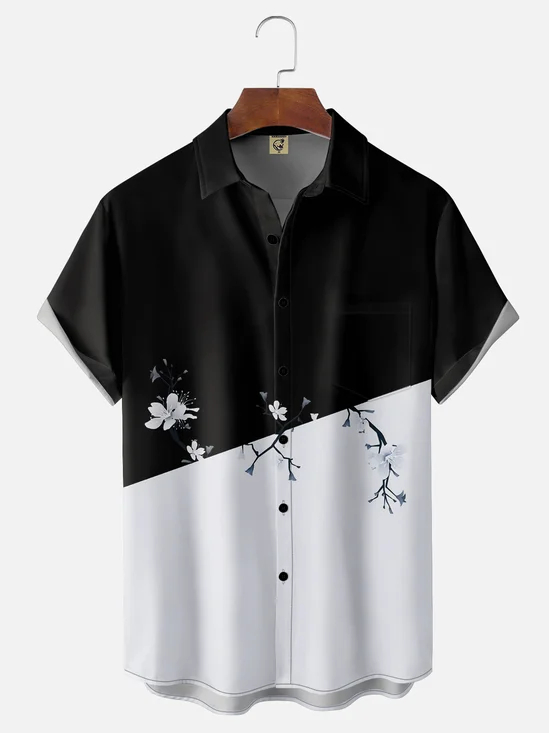 Moisture-wicking Black-white Sakura Chest Pocket Hawaiian Shirt