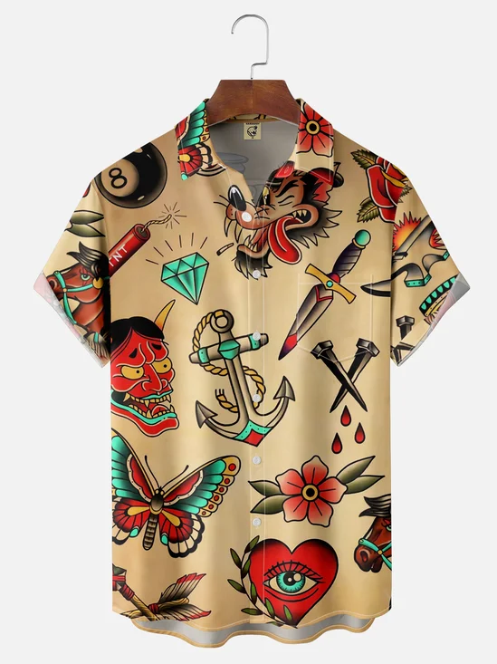 Moisture-wicking Floral Anchor Tattoo Chest Pocket Hawaiian Shirt
