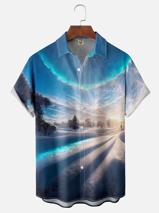 Moisture-wicking Dreamy Snow Sky Chest Pocket Hawaiian Shirt