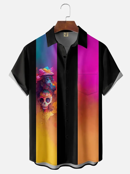 Moisture-wicking Day of the Dead Skeleton Art Chest Pocket Bowling Shirt