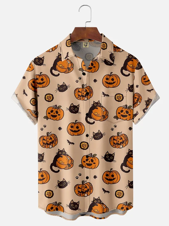 Moisture-wicking Halloween Pumpkin Illustration Chest Pocket Hawaiian Shirt