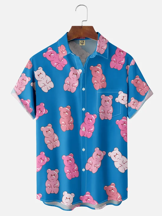 Moisture-wicking Cartoon Bear Chest Pocket Hawaiian Shirt