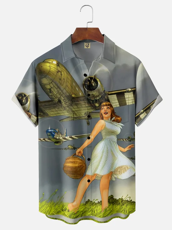 Moisture-wicking Vintage Airforce Plane Beauty Chest Pocket Casual Shirt