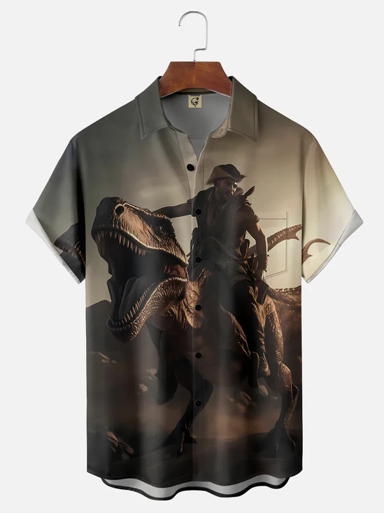 Moisture-wicking Dinosaur Rider Chest Pocket Hawaiian Shirt