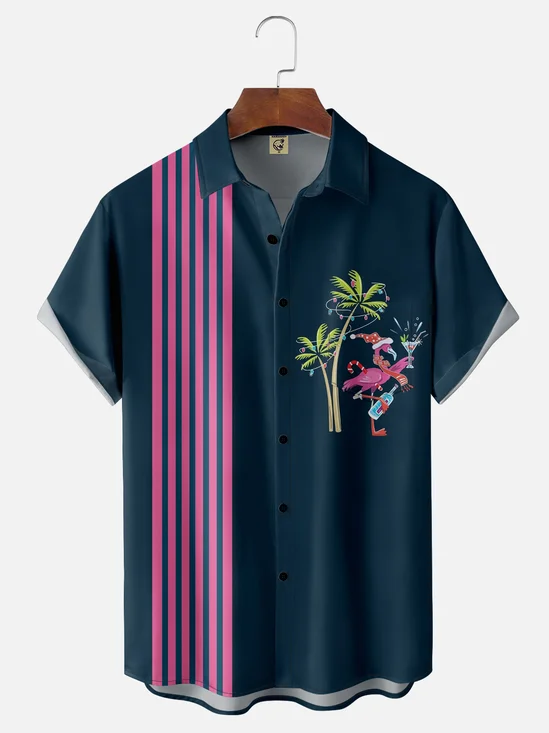 Moisture-wicking Cocktail Flamingo Christmas Chest Pocket Bowling Shirt