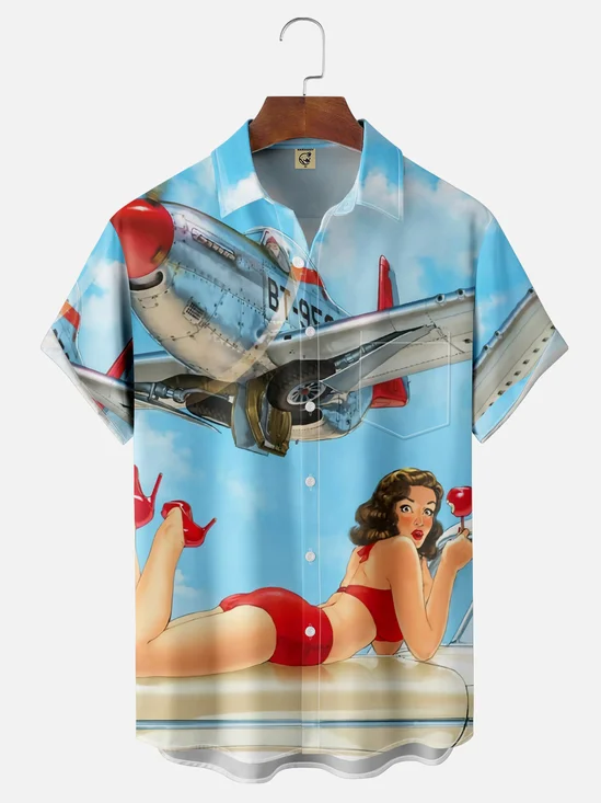 Moisture-wicking Retro Airforce Plane Beauty Chest Pocket Casual Shirt