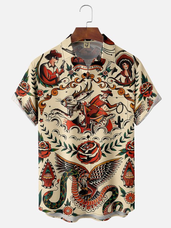 Moisture-wicking Vintage Tattoo Art Chest Pocket Hawaiian Shirt