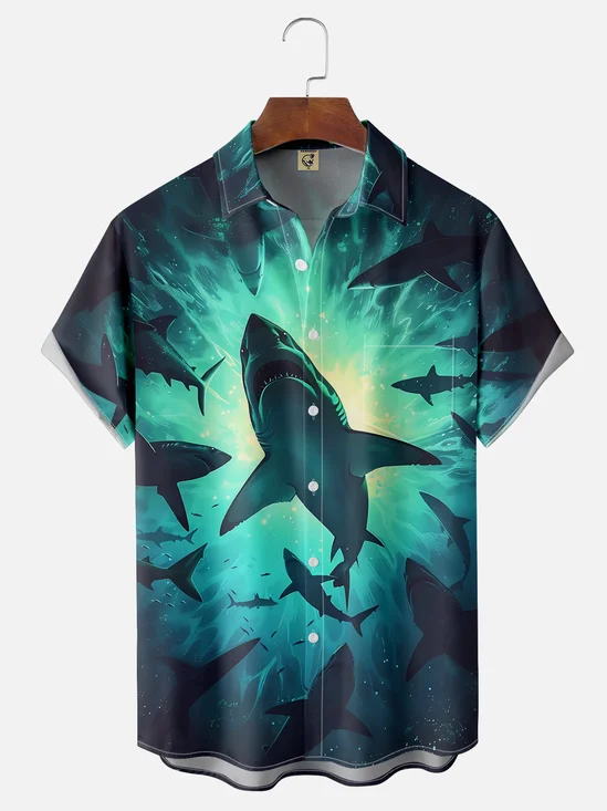 Moisture-wicking Art Shark Painting Chest Pocket Hawaiian Shirt