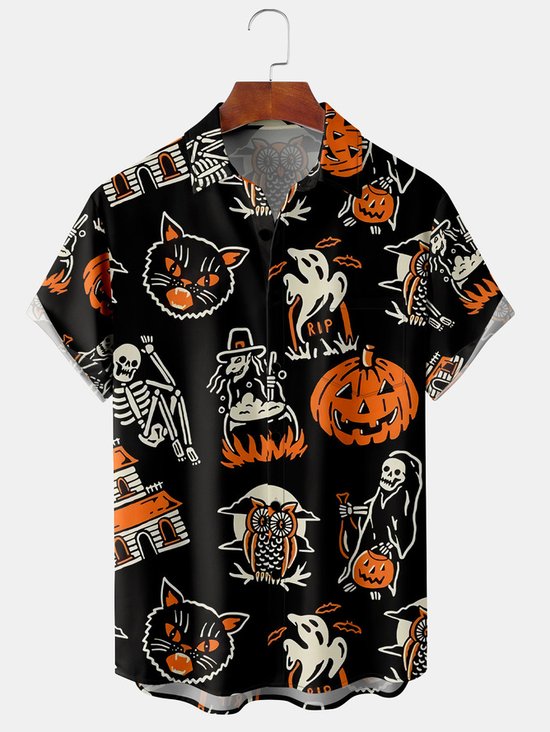 Men's Halloween Retro Cat and Witch Print Casual Breathable Short Sleeve Shirt