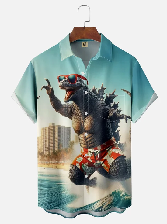 Moisture Wicking Surf Dinosaur Chest Pocket Hawaiian Shirt