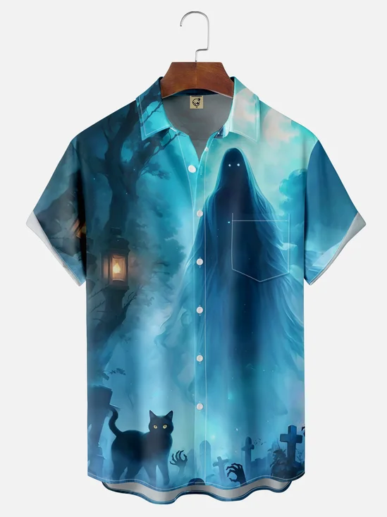 Moisture-wicking Halloween Ghost Chest Pocket Hawaiian Shirt