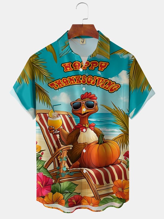 Moisture-wicking Thanksgiving Turkey Beach Vacation Chest Pocket Hawaiian Shirt