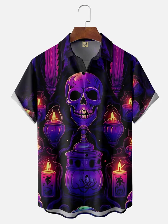 Moisture-wicking Halloween Skeleton Art Chest Pocket Hawaiian Shirt