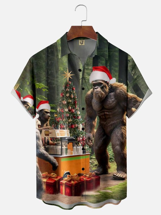 Moisture-wicking Bigfoot Christmas Party Chest Pocket Hawaiian Shirt