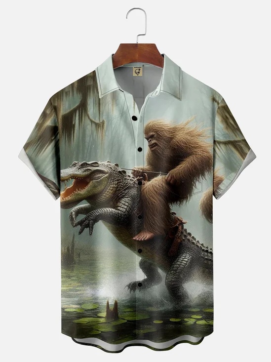 Moisture-wicking Bigfoot Riding Alligator Chest Pocket Hawaiian Shirt